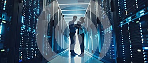 It's a picture of a male IT specialist with a laptop talking to a female server technician in a data center. Rack