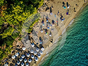 (4K) Diagonal Drone shot of Makris Gialos beach, Kefalonia, Cephalonia, Greece