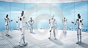 XAI 3D rendering robot humanoid working in future office interior