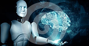 XAI AI hominoid robot holding virtual hologram screen showing concept of AI brain