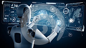 XAI AI hominoid robot touching virtual hologram screen showing concept of AI brain