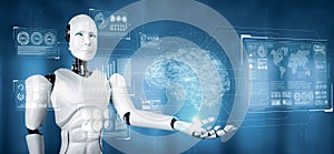 XAI AI humanoid robot holding virtual hologram screen showing concept of AI brain