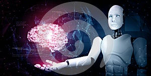 XAI AI humanoid robot holding virtual hologram screen showing concept of AI brain