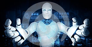 XAI AI humanoid robot holding virtual hologram screen showing concept of big data