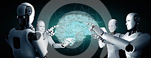 XAI AI humanoid robot touching virtual hologram screen showing concept of AI brain