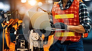 XAI Engineer use advanced robotic software to control industry robot arm in factory