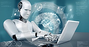 XAI Robot hominoid use laptop and sit at table in concept of AI thinking brain