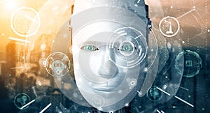 XAI Robot humanoid face close up with graphic concept of AI thinking brain