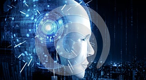 XAI Robot humanoid face close up with graphic concept of AI thinking brain