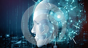 XAI Robot humanoid face close up with graphic concept of AI thinking brain