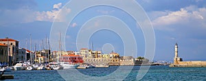 Xania, Crete, Greece October 01 2018 Panoramic view of the Venetian harbor photo