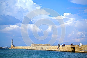Xania, Crete, October 01 2018 Tourists of various nationalities visit the walls, the lighthouse and the fortresses of the Venetian photo