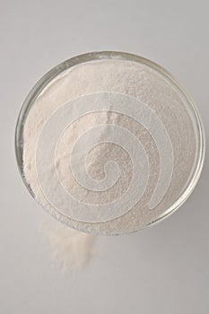 Xanthan gum - a white powder for gluten free baking and cooking, closeup on white background