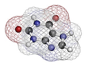 Xanthine purine base molecule. 3D rendering. Atoms are represented as spheres with conventional color coding: hydrogen white,.