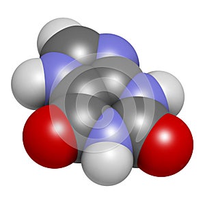 Xanthine purine base molecule. 3D rendering. Atoms are represented as spheres with conventional color coding: hydrogen white,. photo