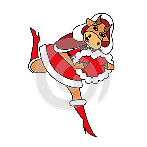 XChristmas cow in red Santa Claus costume with red heart.  Vector EPS 10.
