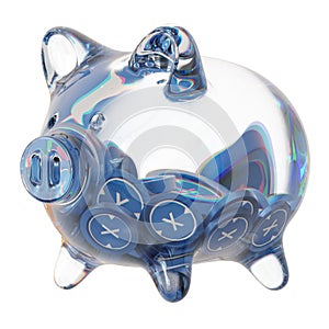 XDC Network (XDC) Clear Glass piggy bank with decreasing piles of crypto coins.