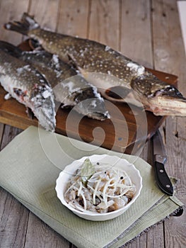 XE salad of freshly salted pike river fish on the background of pike river fish on a cutting board in the kitchen. We chop the