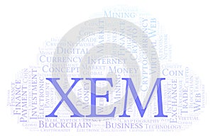 XEM or NEM cryptocurrency coin word cloud.