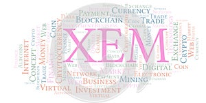 XEM or NEM cryptocurrency coin word cloud.