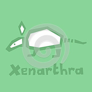 Xenarthra. Illustration of a cute cartoon armadillo. An ancient lineage of mammals. Brutal modern style. Light cold green