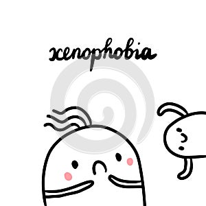 Xenophobia hand drawn illustration with cute marshmallow and stranger