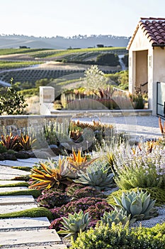 Xeriscaping garden with vibrant drought-resistant plants photo