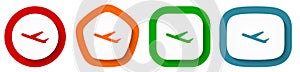 Deparures, flight, airplane vector icon set, flat design buttons on white background