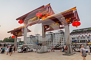 XI'AN, CHINA - AUGUST 5, 2018: Archway in front of the Big Wild Goose Pagoda in Xi'an, Chi