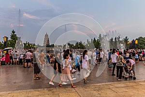 XI'AN, CHINA - AUGUST 5, 2018: Crowds of people in front of the Big Wild Goose Pagoda in Xi'an, Chi