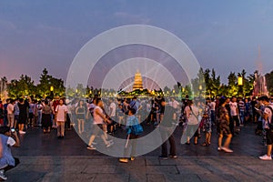 XI'AN, CHINA - AUGUST 5, 2018: Crowds of people in front of the Big Wild Goose Pagoda in Xi'an, Chi