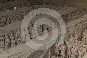 XI'AN, CHINA - AUGUST 6, 2018: Soldiers in the Pit 1 of the Army of Terracotta Warriors near Xi'an, Shaanxi province