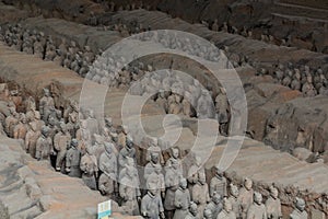 XI& x27;AN, CHINA - AUGUST 6, 2018: Soldiers in the Pit 1 of the Army of Terracotta Warriors near Xi& x27;an, Shaanxi province