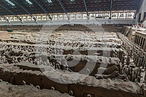 XI'AN, CHINA - AUGUST 6, 2018: View of the Pit 1 of the Army of Terracotta Warriors near Xi'an, Shaanxi province, Chi