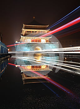 Xian bell tower in night after rain