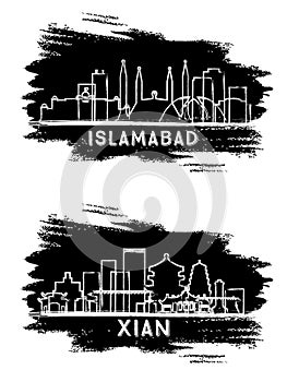 Xian China and Islamabad Pakistan City Skyline Silhouette Set