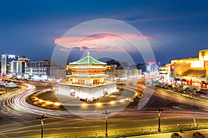 Xian cityscape of bell tower at night