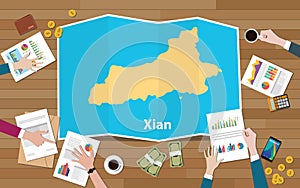 Xian shaanxi province china city region economy growth with team discuss on fold maps view from top