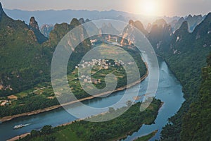 Xianggong Hill viewpoint panorama of Yangshuo landscape