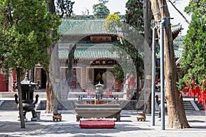 Xiantian Hall in Fuxi Temple with ancient cypress trees, Tianshui, Gansu