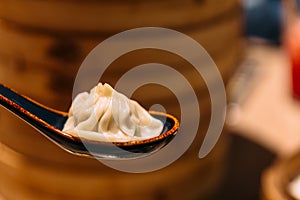 Xiao Long Bao Soup Dumpling in spoon with blur bamboo streamer basket in background
