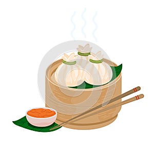 Xiaolongbao. Soup dumplings. Chinese steamed bun baozi. Xiaolong momo mantou kind of dim sum