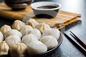 Xiaolongbao, traditional steamed dumplings. Xiao Long Bao buns on plate