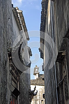 Xidi Ancient Town in Anhui Province, China. A narrow backstreet in the old town