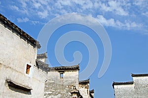 Xidi Ancient Town in Anhui Province, China. Traditional roofs and white walls in the old town