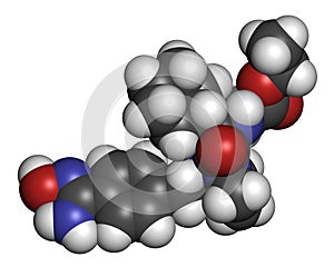 Ximelagatran anticoagulant drug molecule (direct thrombin inhibitor). 3D rendering. Atoms are represented as spheres with