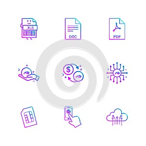 xls , doc , pdf , dollar ,chip , sim , cloud , mobile , 9 eps icons set vector