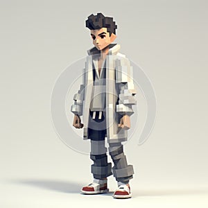 Xlvl3d Uob Osman Boy: 3d Pixel Cartoon In Grey Coat And Sneakers