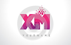 XM X M Letter Logo with Pink Purple Color and Particles Dots Design.