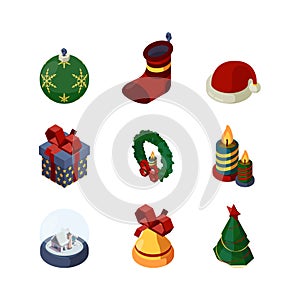 Xmas accessories. 3d happy new year celebration items bell cookie sweets tree candles candy gifts snow globe calendar